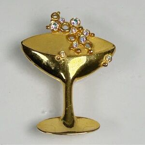 Vintage Jonette Jewelry Champagne Glass Metal Crystal Brooch Cir 1970s